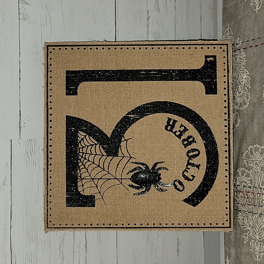 "October 31" Spiderweb & Spider Burlap & Wood Picture